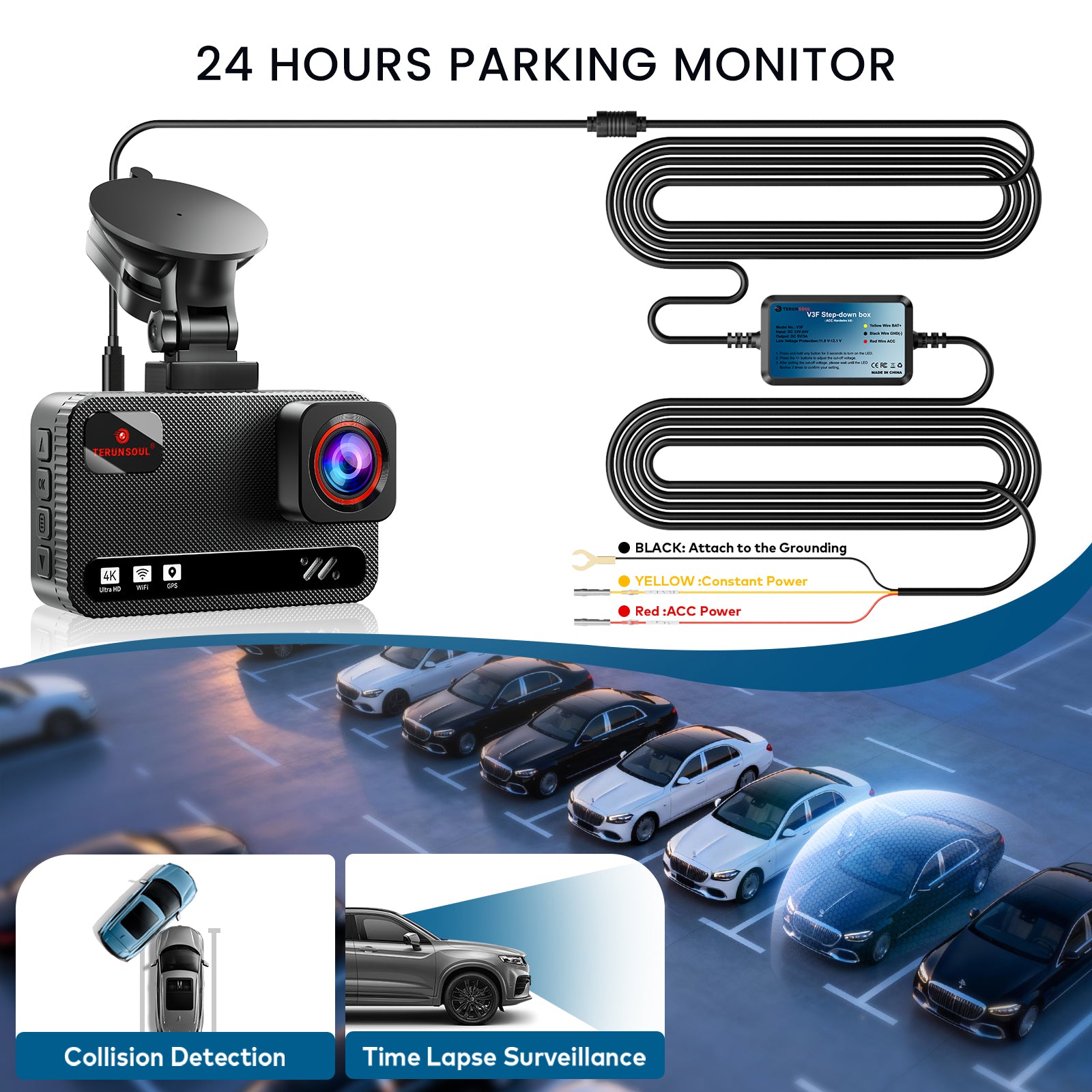 Wiring diagram for 24-hour parking monitor showing ACC, Constant Power, and Ground connections for collision detection.