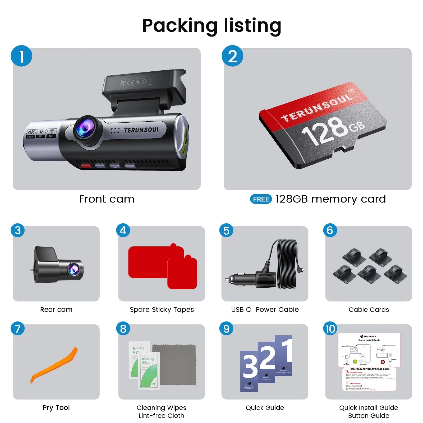 TERUNSOUL FW983A Dash Cam 4K + 1080P + 1080P 3-Channel TERUNSOUL