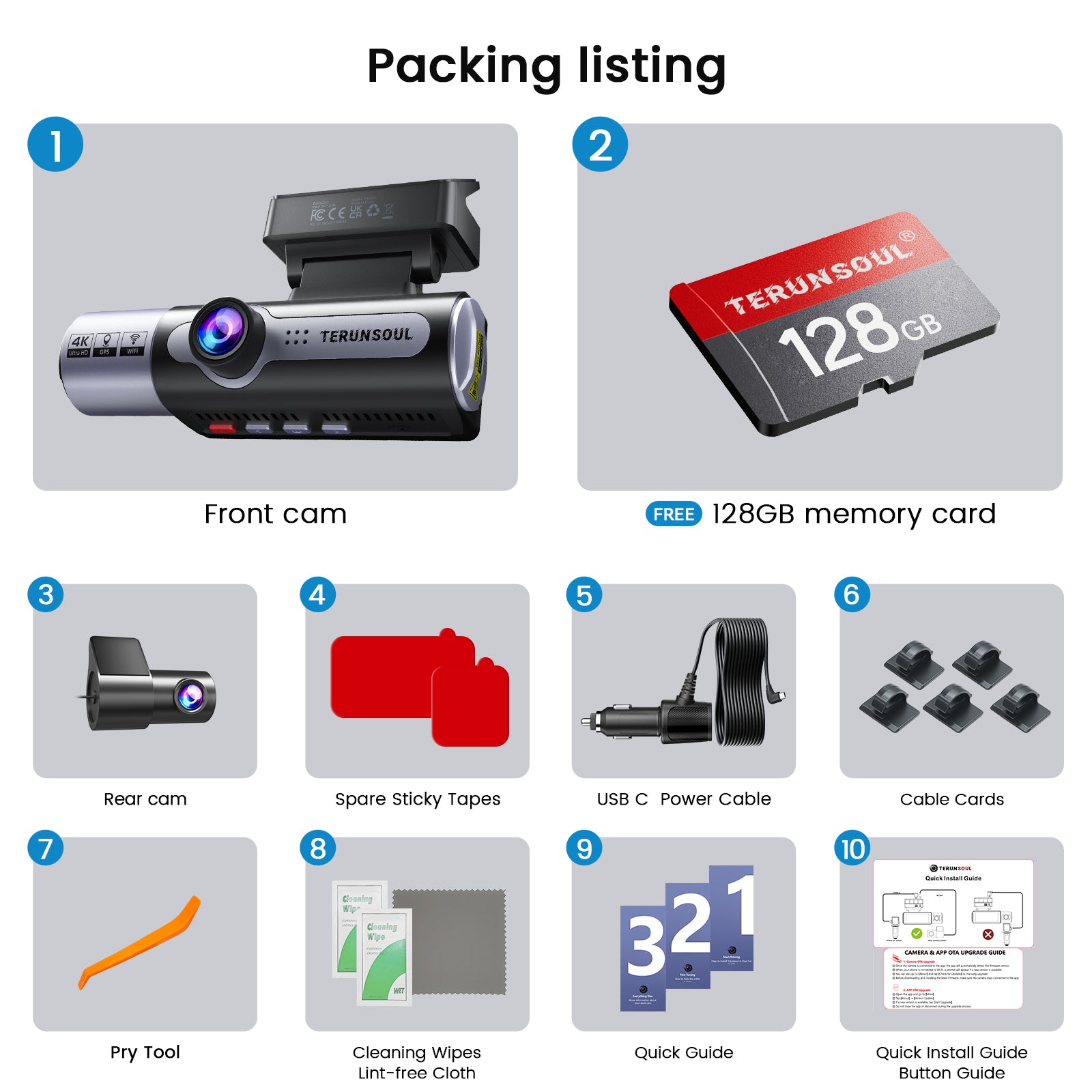 TERUNSOUl 983A Dash Cam 4K+1080P+1080P 3-Channel