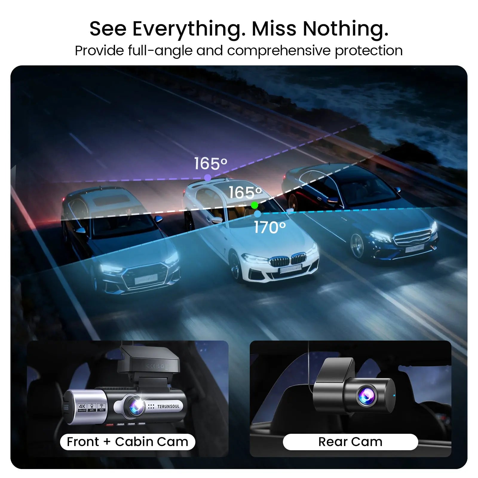 TERUNSOUL FW983A Dash Cam 4K + 1080P + 1080P 3-Channel TERUNSOUL