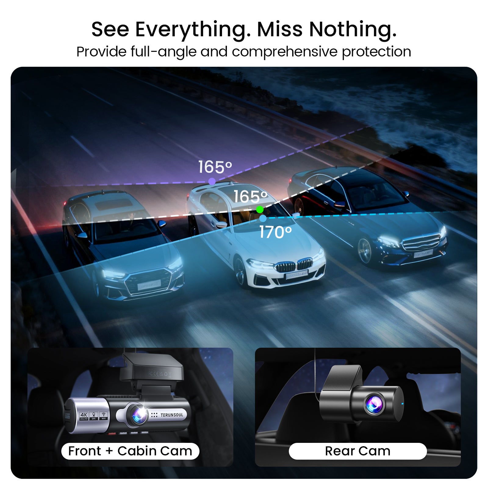 TERUNSOUl 983A Dash Cam 4K+1080P+1080P 3-Channel