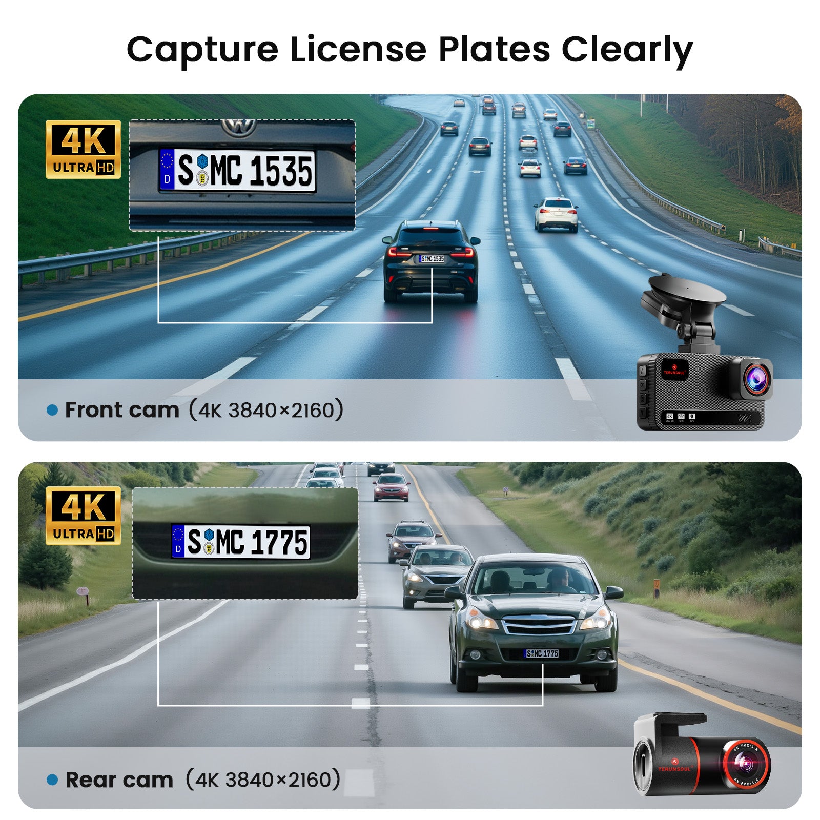 High-resolution 4K video showing clear license plate capture from both front and rear TERUNSOUL D016 cameras