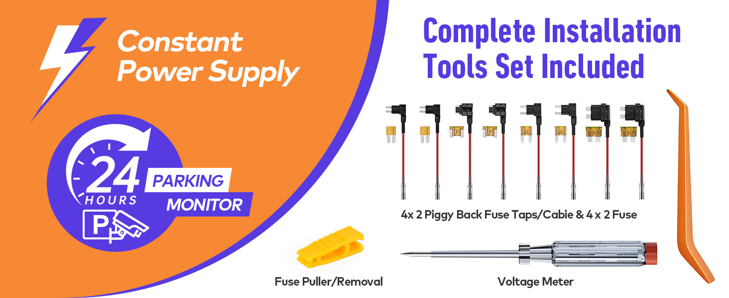 Terunsoul hardwire kit providing constant power for 24-hour parking monitoring with complete installation tools included