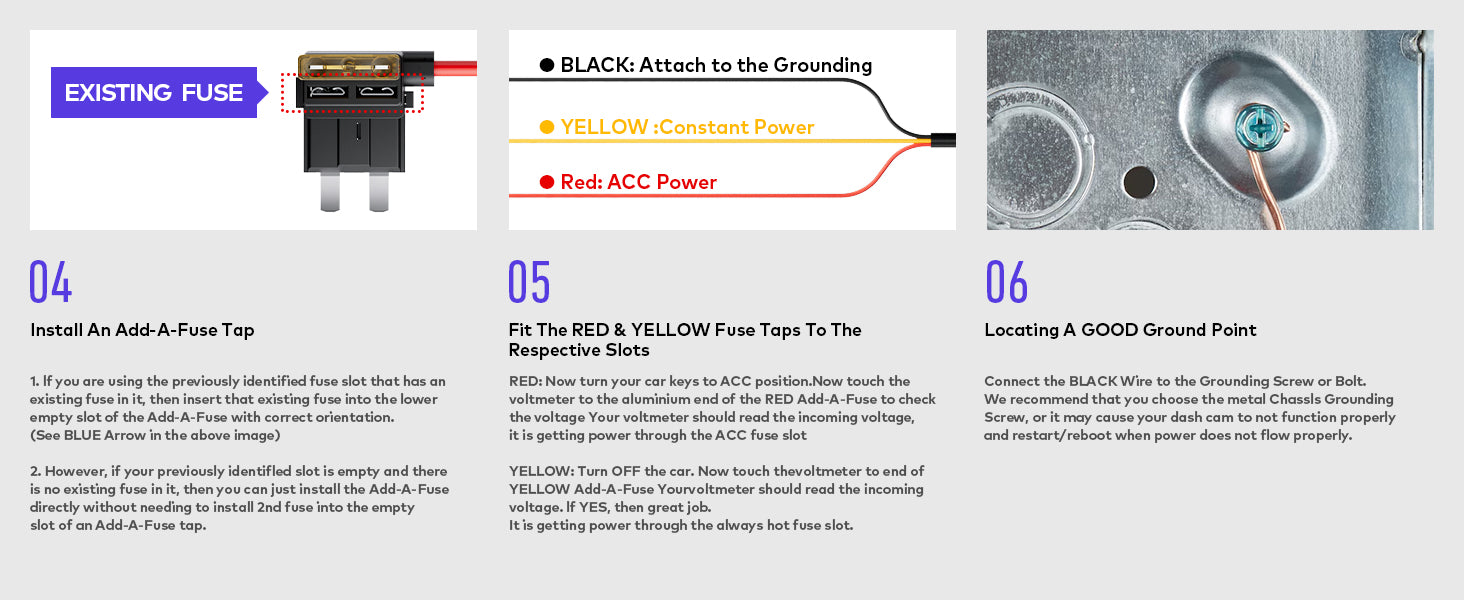 Terunsoul hardwire kit wiring guide showing ACC power, constant power, and ground connection using fuse taps