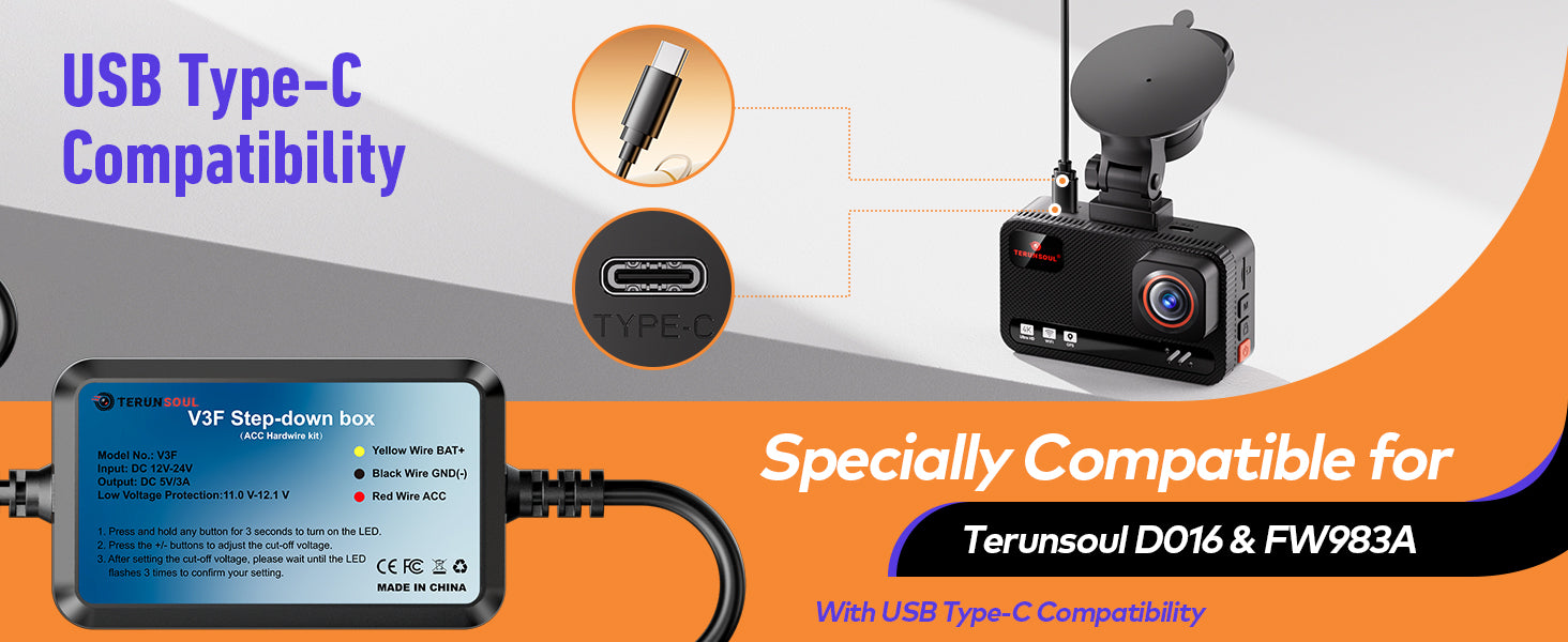 Terunsoul USB Type-C hardwire kit specially compatible with Terunsoul D016 and FW983A dash cameras