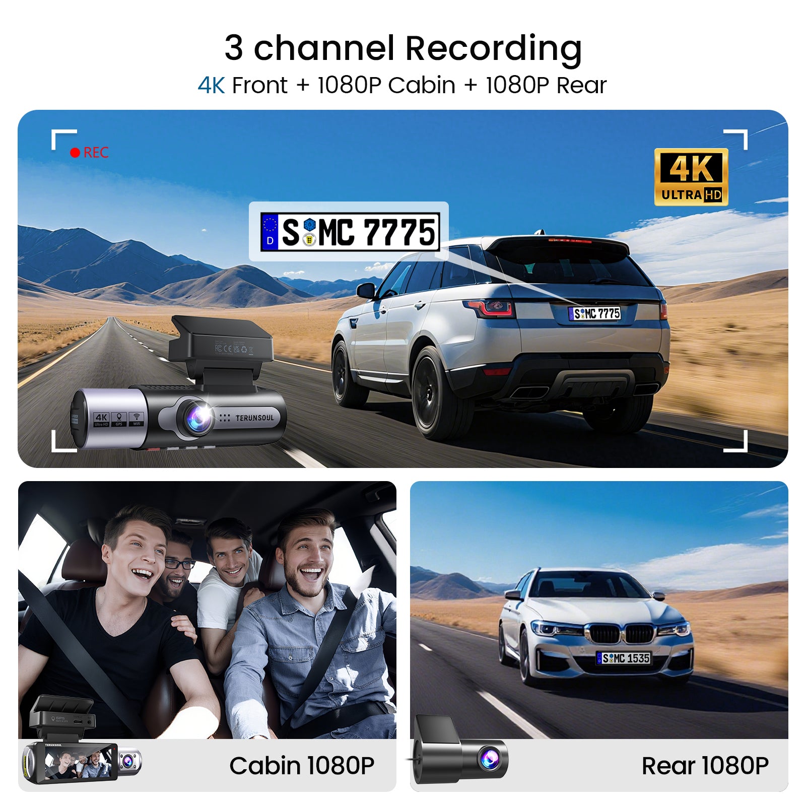 TERUNSOUl 983A Dash Cam 4K+1080P+1080P 3-Channel