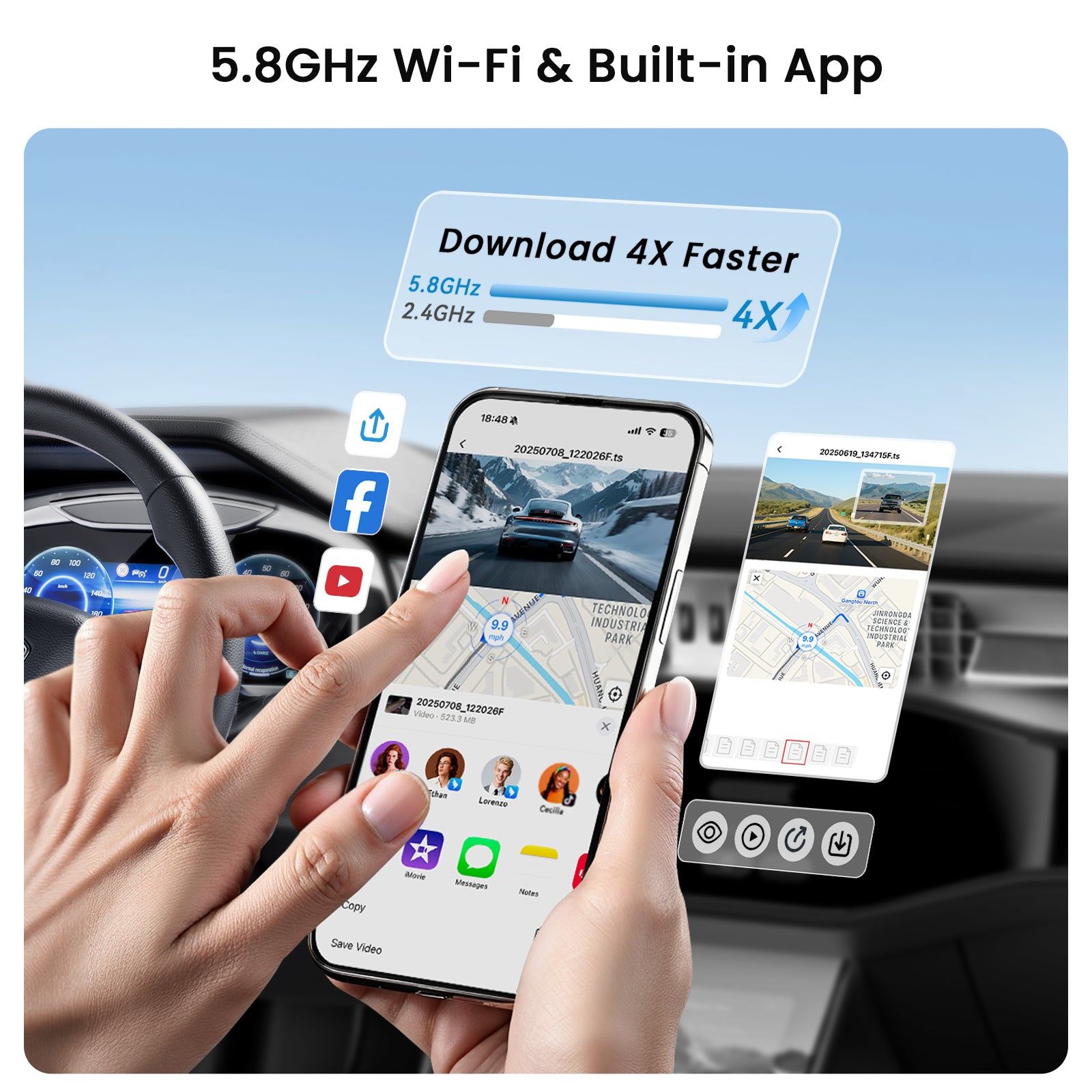 User downloading dash cam footage 4x faster using TERUNSOUL D016 built-in 5.8GHz WiFi and mobile app