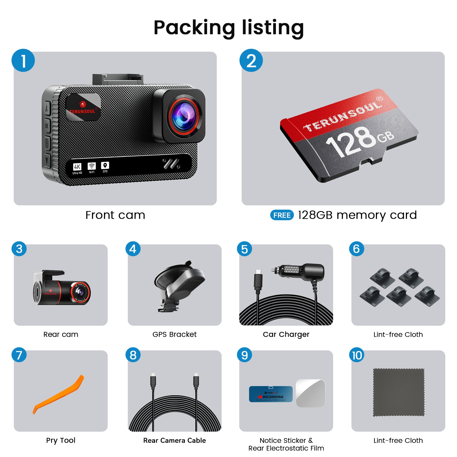 Complete packing list for TERUNSOUL D016 including 4K dash cam, 128GB SD card, GPS bracket, and accessories