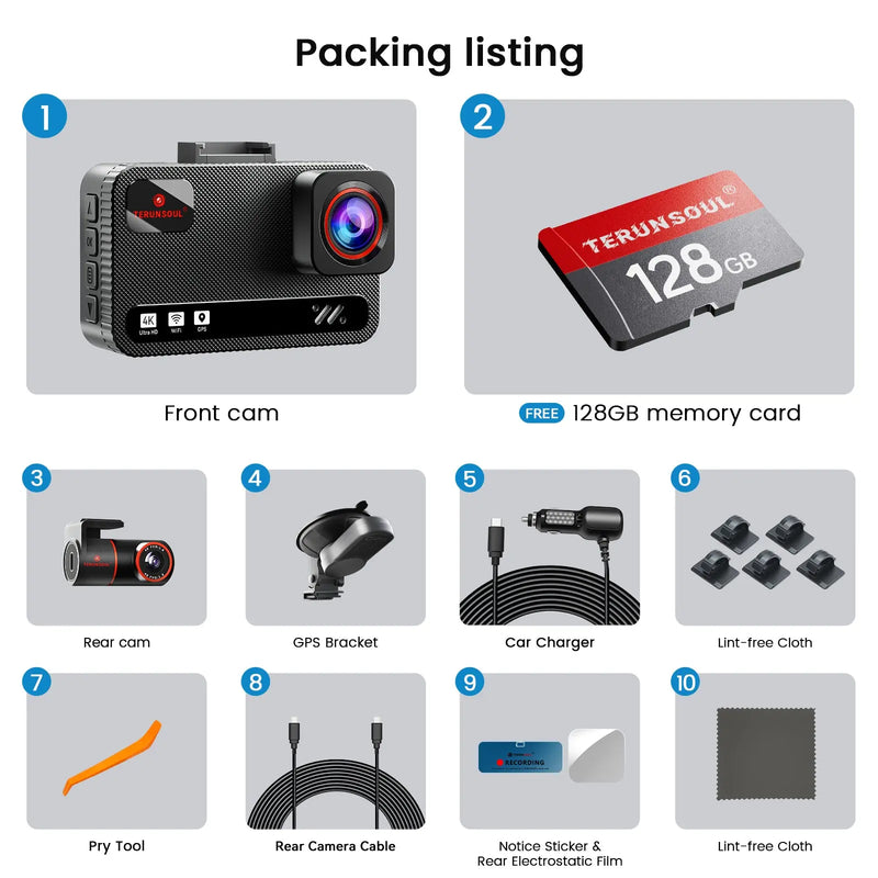 TERUNSOUL Dash Cam D016 4K Dual-Channel Camera System – Front & Rear ...