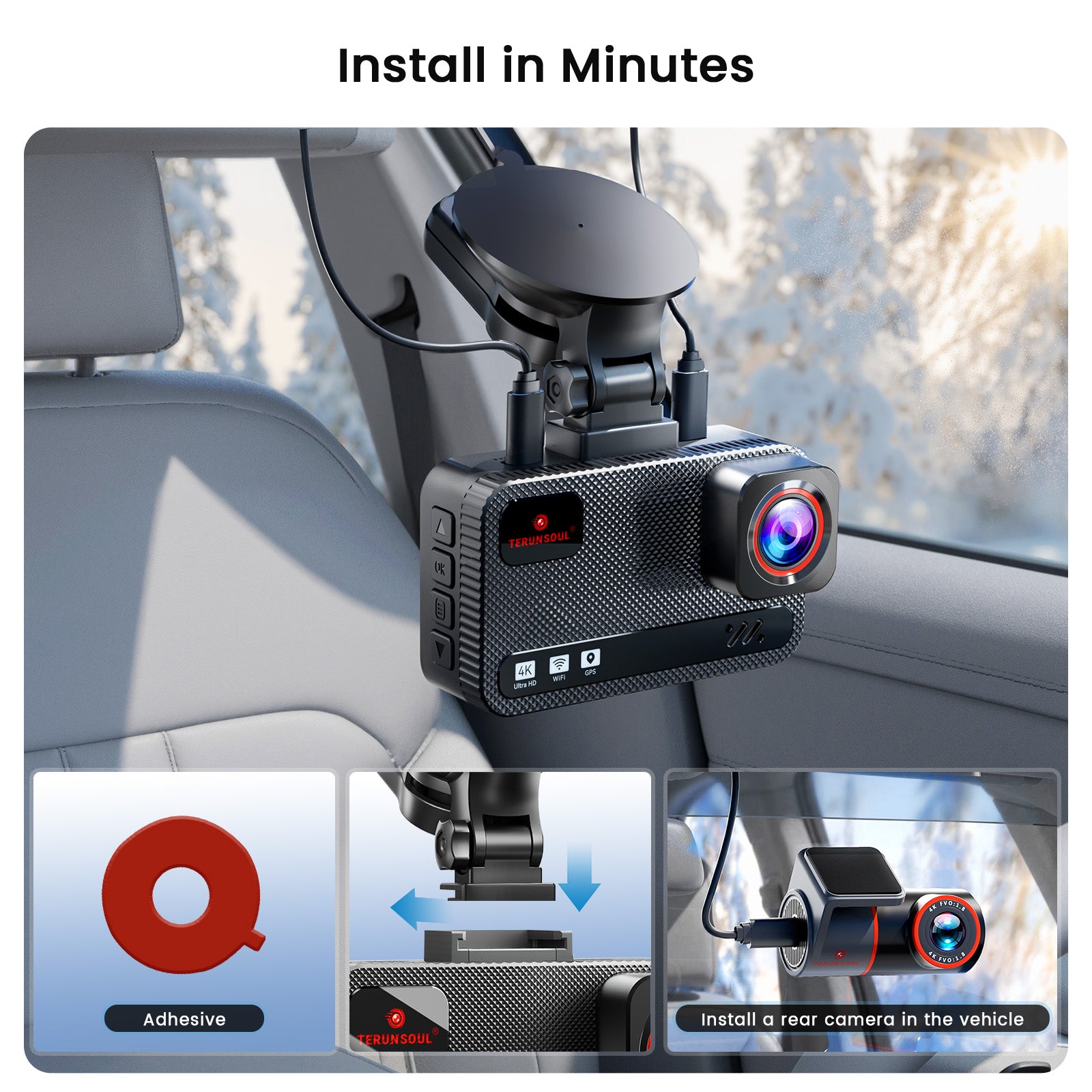 Easy DIY installation steps for TERUNSOUL D016 dash cam using suction mount and adhesive rear camera