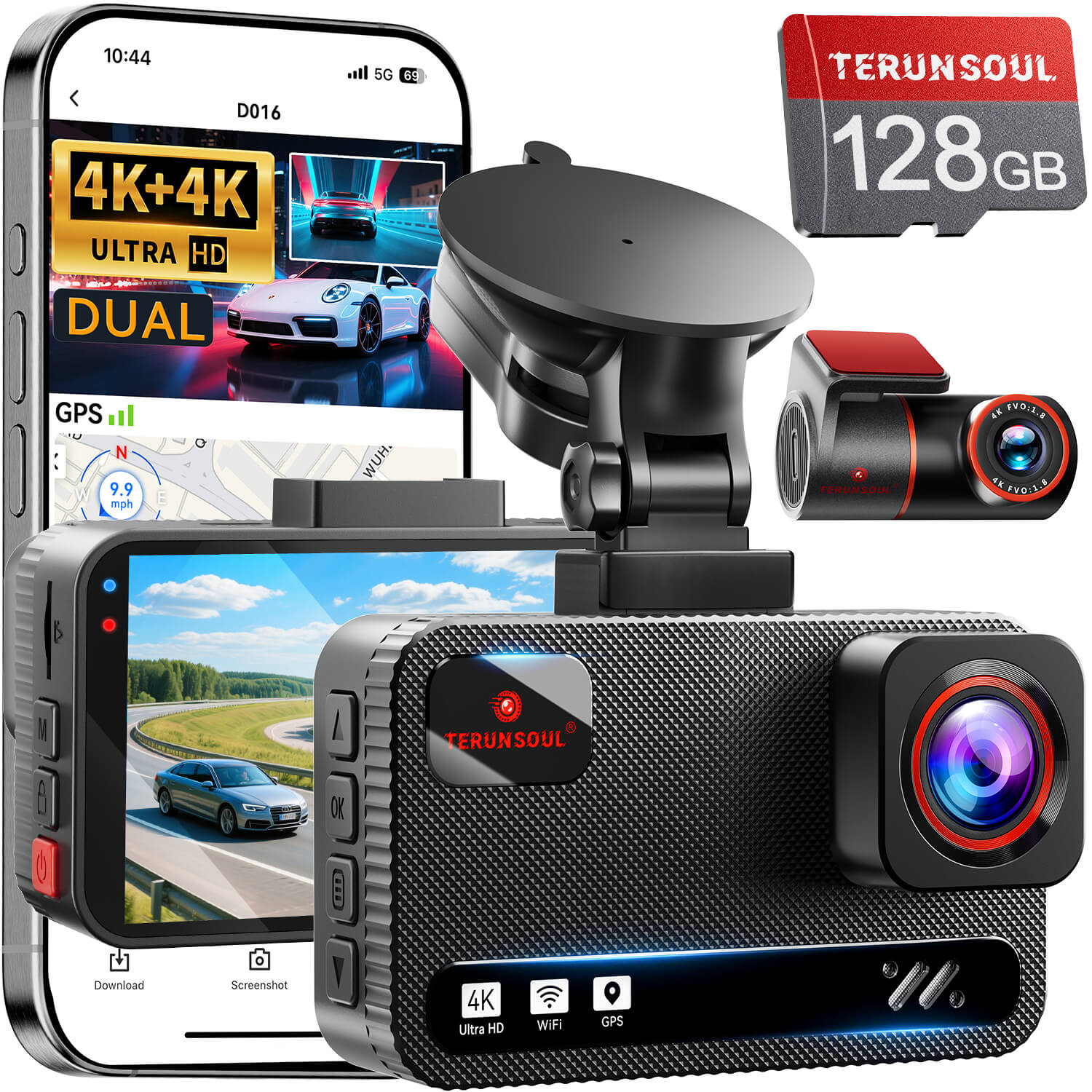 TERUNSOUL D016 dash cam with GPS tracking for vehicle location, speed data and driving route playback