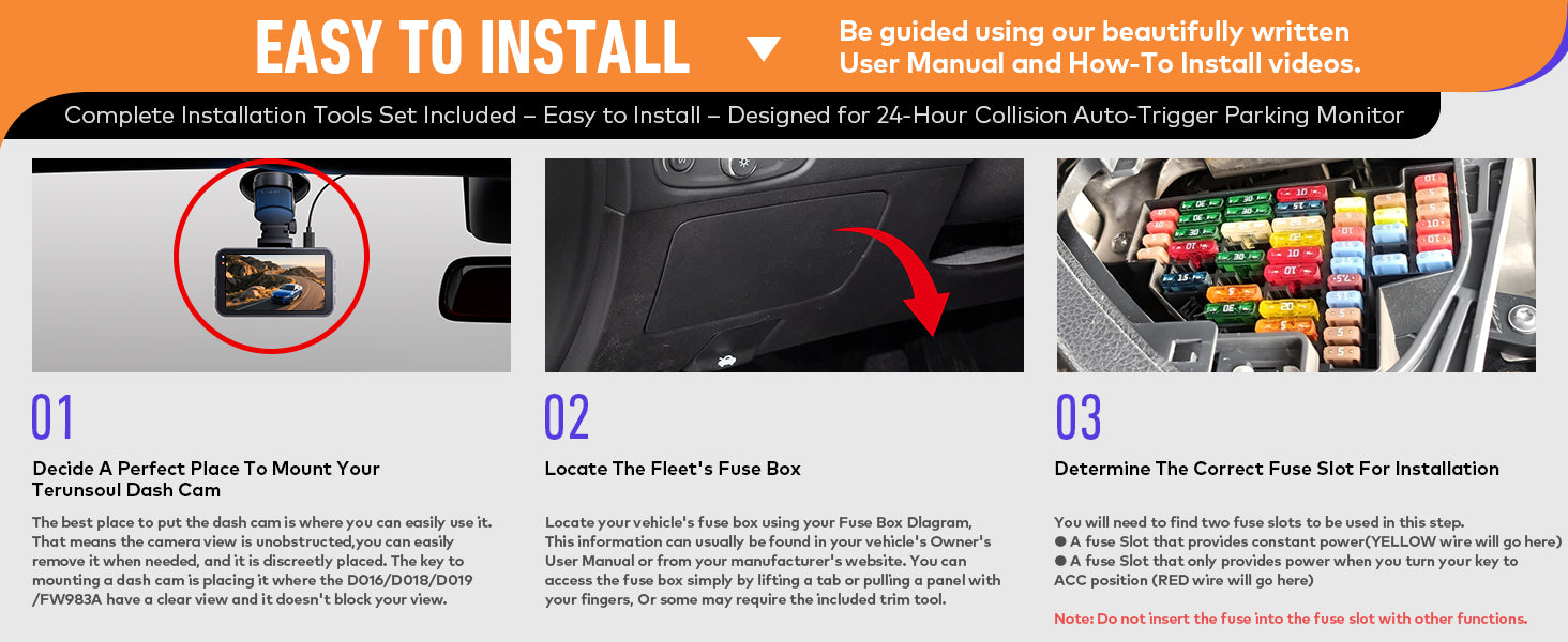 Easy installation steps for Terunsoul dash cam hardwire kit, showing mounting, fuse box location, and fuse selection
