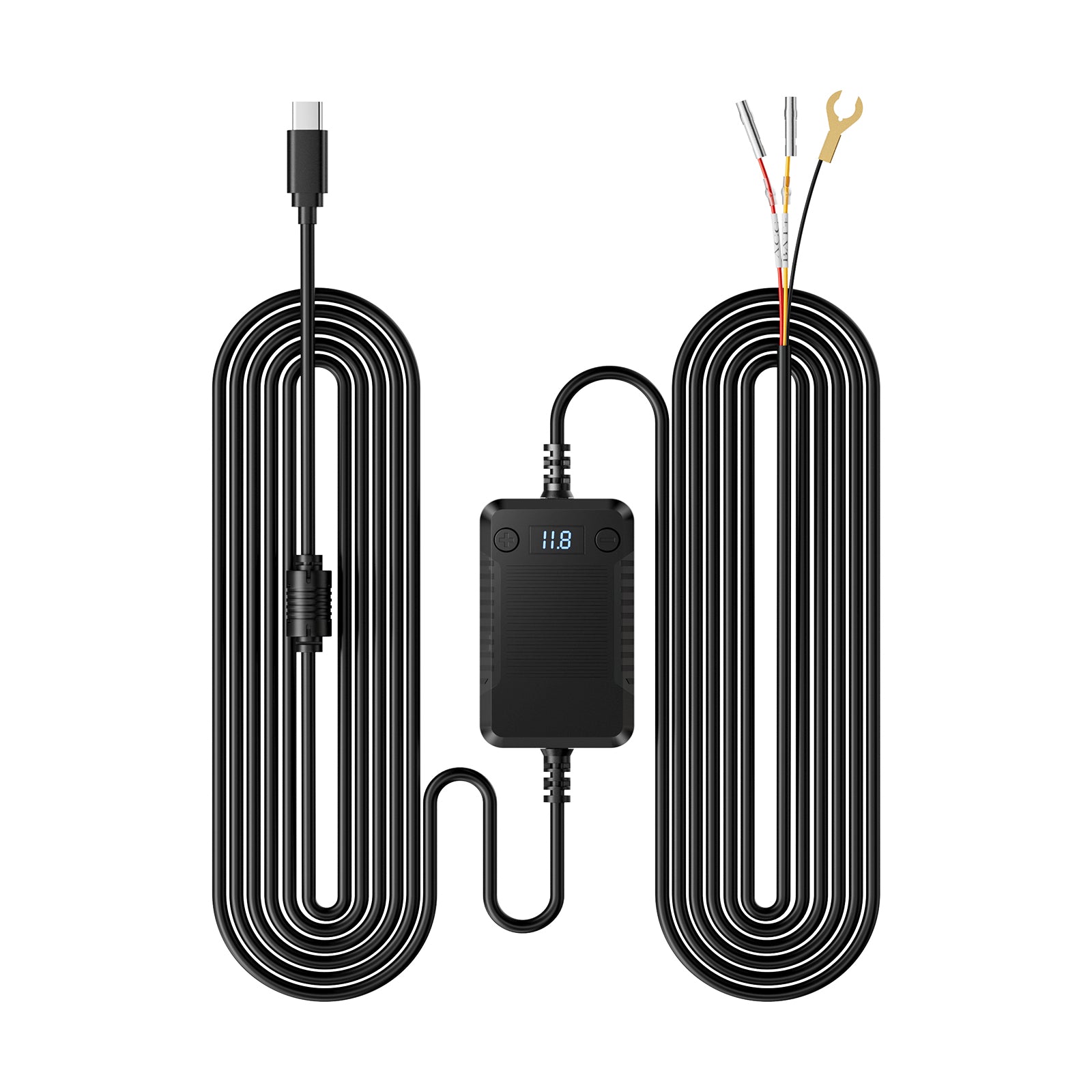 TERUNSOUL Dash Cam Hardwire Kit featuring a digital voltage display, USB Type-C connector, and installation tools