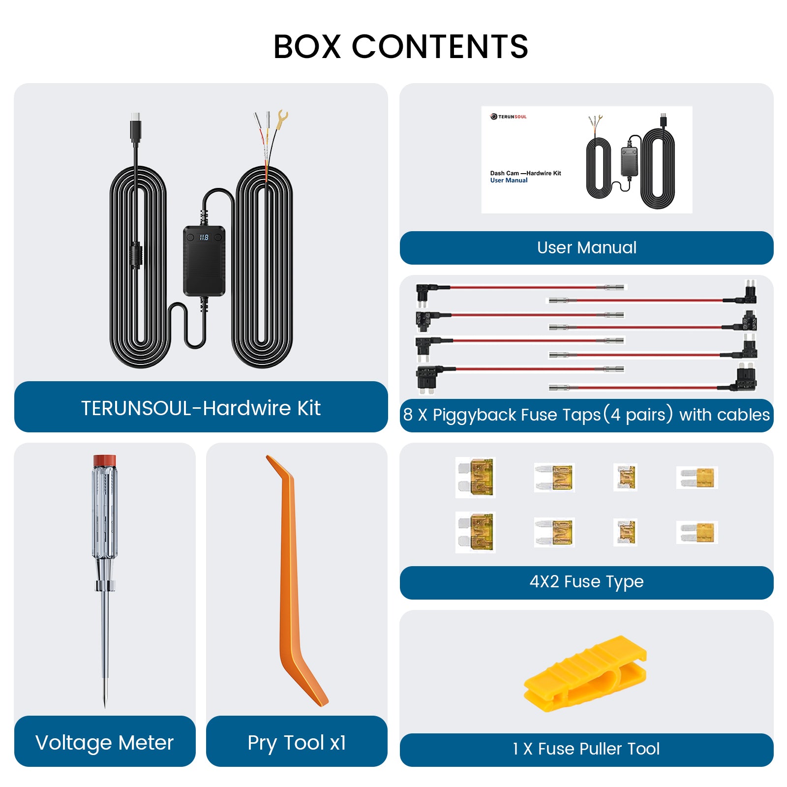 Complete box contents of the TERUNSOUL Hardwire Kit including 8 piggyback fuse taps, voltage meter, and pry tool
